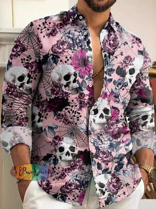 Gentleman Vintage Pink Skull Floral Art Print Long Sleeve Shirt Colorful / S