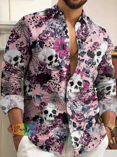 Gentleman Vintage Pink Skull Floral Art Print Long Sleeve Shirt Colorful / S