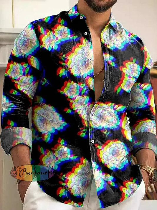 Gentleman Vintage Psychedelic Floral Art Print Long Sleeve Shirt Colorful / S