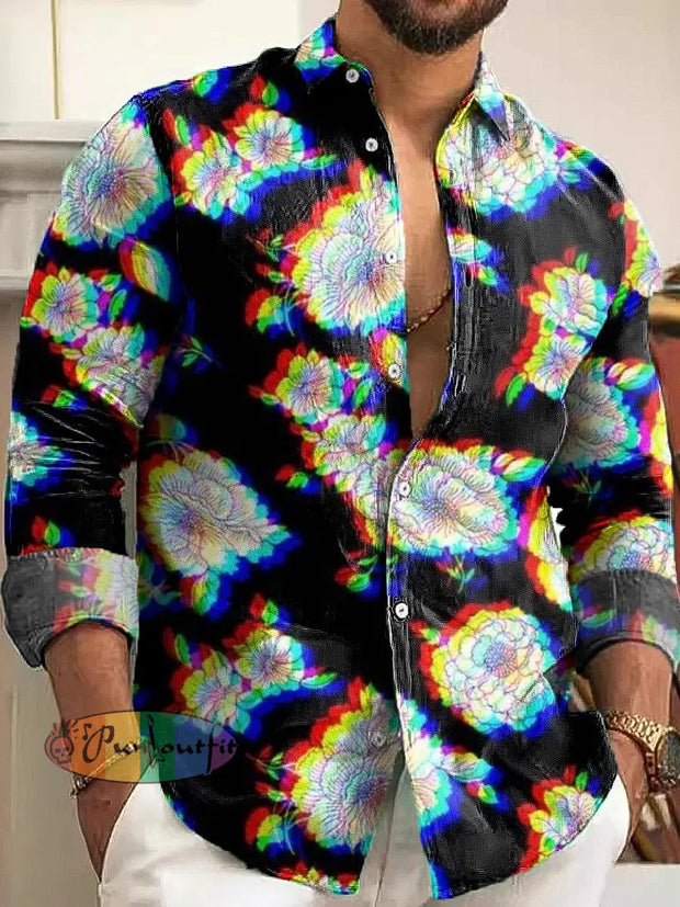 Gentleman Vintage Psychedelic Floral Art Print Long Sleeve Shirt Colorful / S