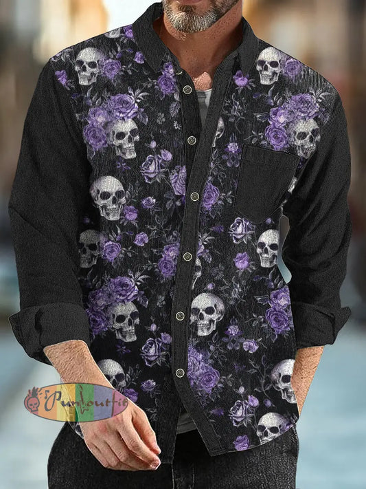 Gentleman Vintage Skull Floral Print Fall And Winter Corduroy Shirt Colorful / S