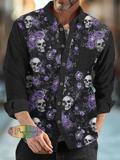 Gentleman Vintage Skull Floral Print Fall And Winter Corduroy Shirt Colorful / S