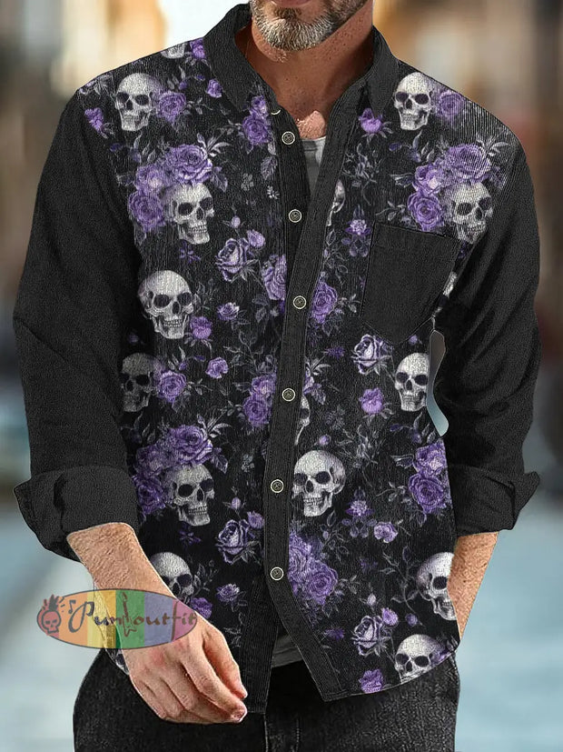 Gentleman Vintage Skull Floral Print Fall And Winter Corduroy Shirt Colorful / S