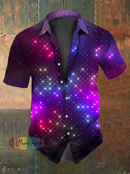Gothic Punk Stage Glitter Abstract Print Casual Cotton Short Sleeve Shirt Purple / S