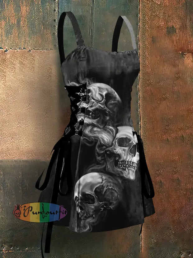 Gothic Retro Dark Style Skull Print Strappy Sleeveless Mini Dress Black / S