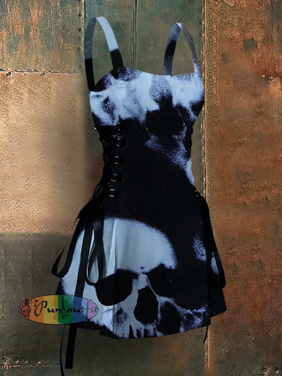 Gothic Style Abstract Skull Art Print Strappy Sleeveless Mini Dress Black / S