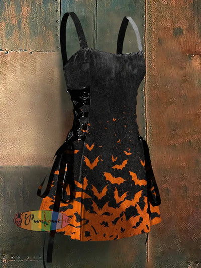 Gothic Style Bats Art Print Strappy Sleeveless Mini Dress Black / S