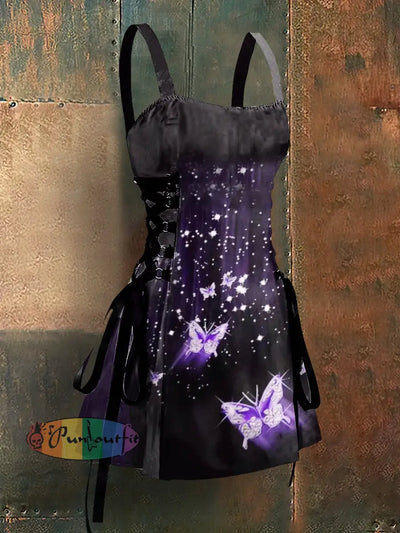 Gothic Style Butterfly Print Strappy Sleeveless Mini Dress Black / S