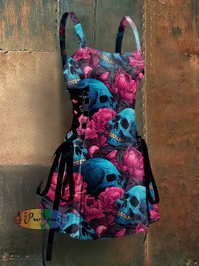 Gothic Style Color Skull Print Strappy Sleeveless Mini Dress Colorful / S