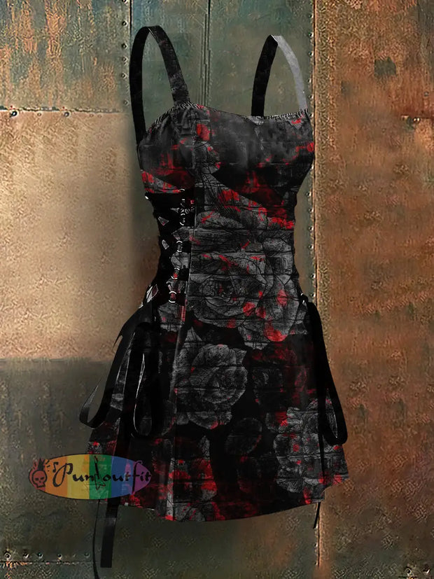 Gothic Style Dark Rose Art Print Strappy Sleeveless Mini Dress Black / S