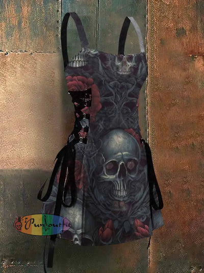 Gothic Style Dead Skull Abstract Art Print Strappy Sleeveless Mini Dress Colorful / S