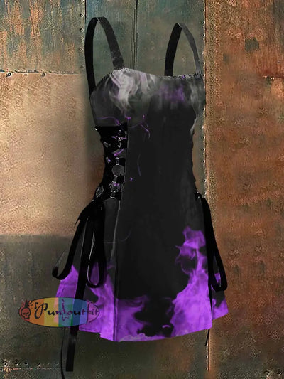 Gothic Style Fire Art Print Strappy Sleeveless Mini Dress Colorful / S