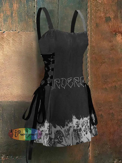 Gothic Style Fire Skull Abstract Art Print Strappy Sleeveless Mini Dress Black / S