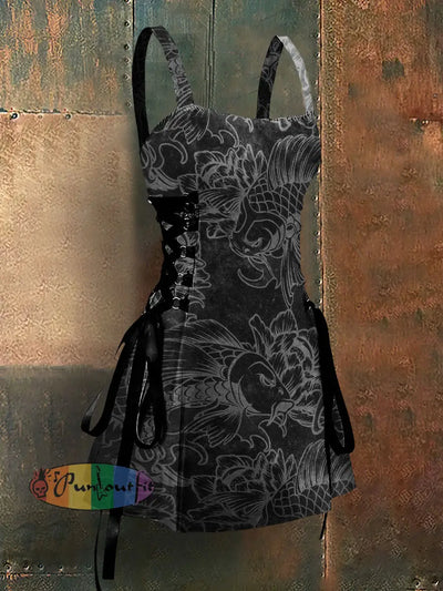 Gothic Style Fish Art Print Strappy Sleeveless Mini Dress Black / S