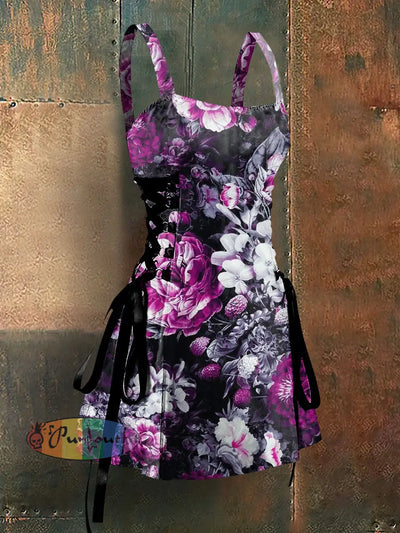 Gothic Style Floral Art Print Strappy Sleeveless Mini Dress Colorful / S