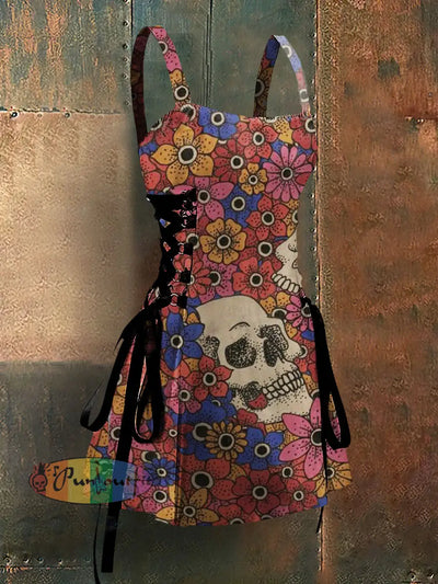 Gothic Style Flowers And Skull Art Print Strappy Sleeveless Mini Dress Red / S