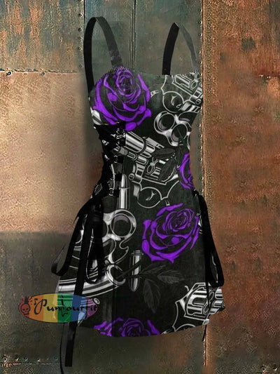 Gothic Style Gun And Rose Art Print Strappy Sleeveless Mini Dress Purple / S