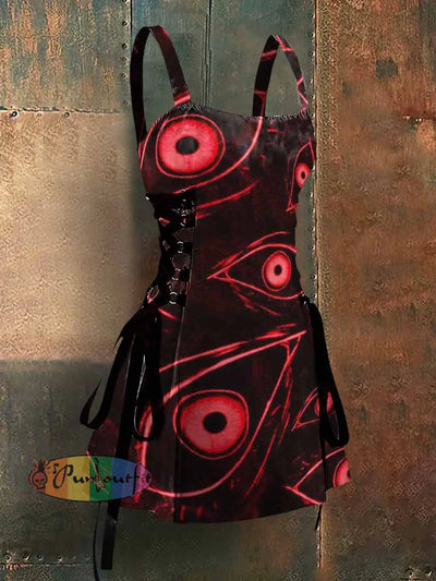 Gothic Style Horror Eyes Art Print Strappy Sleeveless Mini Dress Red / S