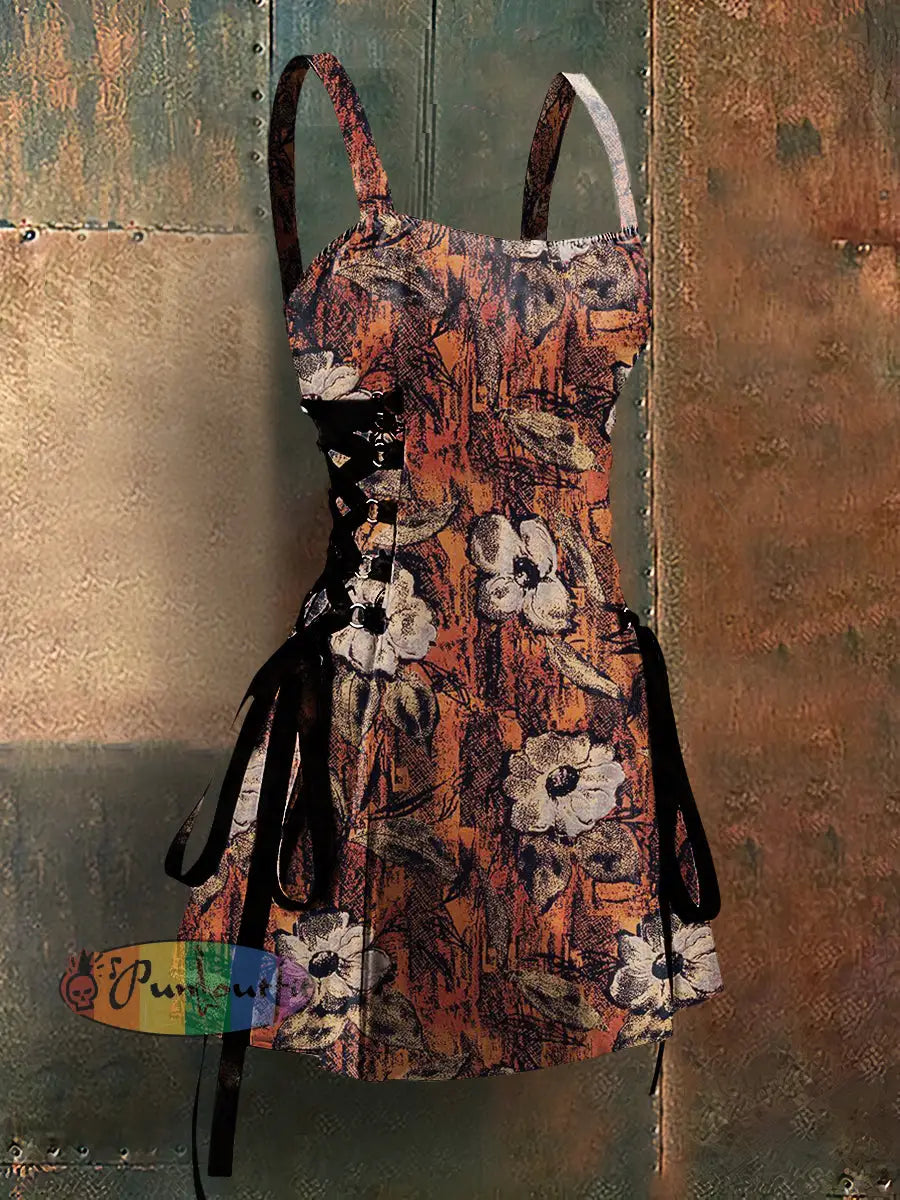 Gothic Style Kapok Art Print Strappy Sleeveless Mini Dress Colorful / S