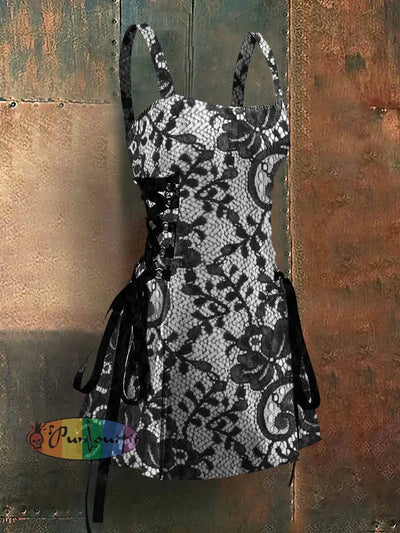 Gothic Style Lace Rose Art Print Strappy Sleeveless Mini Dress Colorful / S