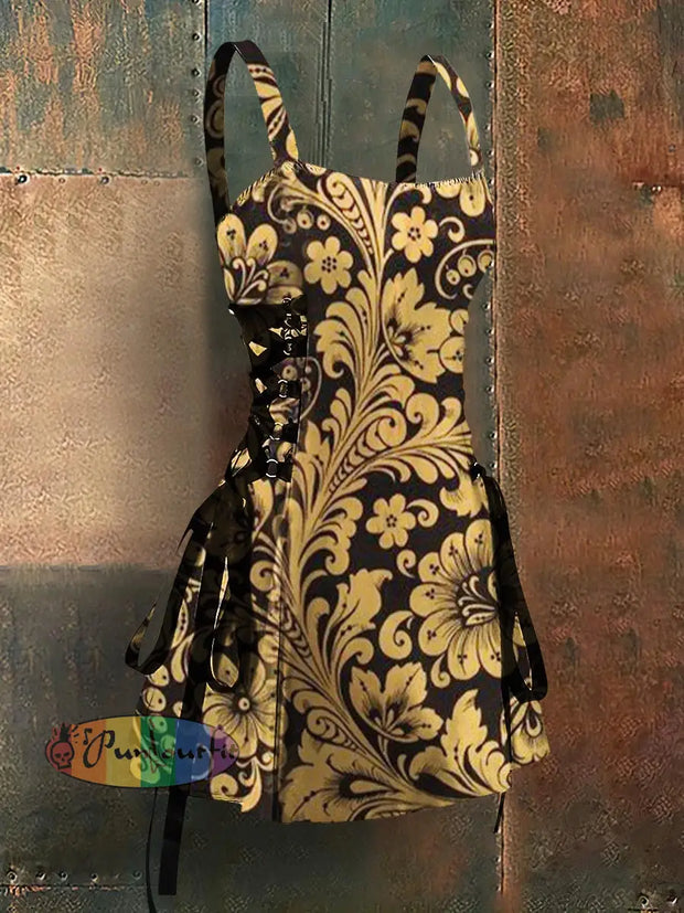 Gothic Style Palace Art Print Strappy Sleeveless Mini Dress Colorful / S