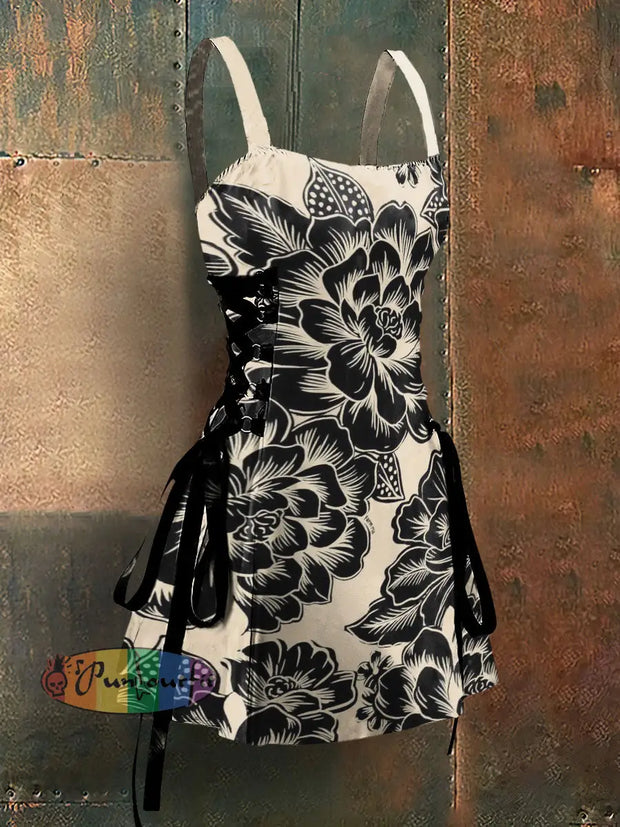 Gothic Style Peony Art Print Strappy Sleeveless Mini Dress Colorful / S