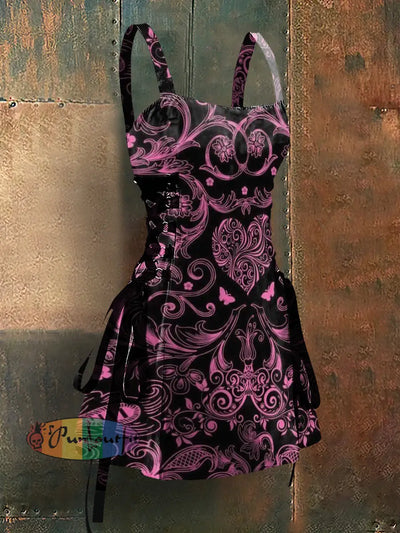 Gothic Style Romantic Art Print Strappy Sleeveless Mini Dress Colorful / S