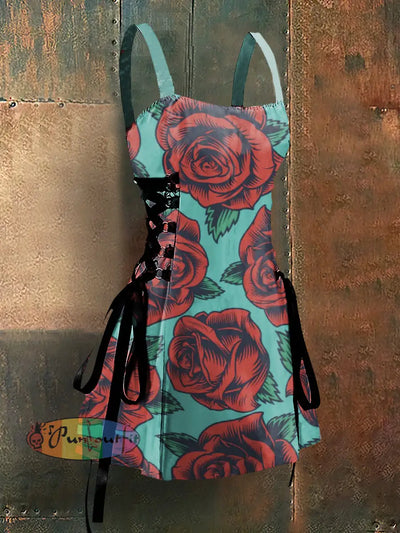 Gothic Style Rose Abstract Print Strappy Sleeveless Mini Dress Colorful / S