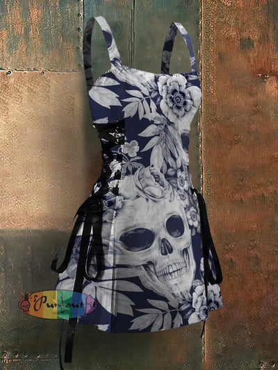 Gothic Style Rose And Skull Art Print Strappy Sleeveless Mini Dress Black / S