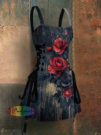 Gothic Style Rose Art Print Strappy Sleeveless Mini Dress Black / S