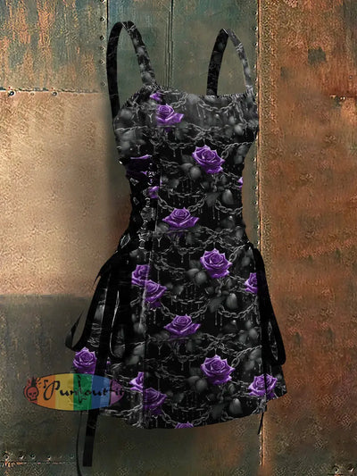 Gothic Style Roses Art Print Strappy Sleeveless Mini Dress Colorful / S