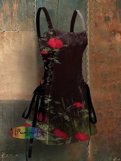 Gothic Style Roses Art Print Strappy Sleeveless Mini Dress Red / S