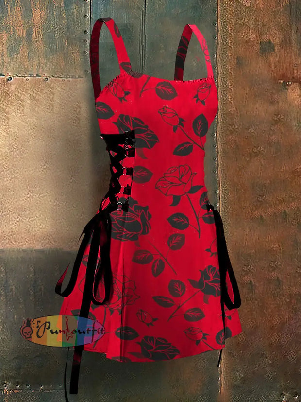 Gothic Style Roses Art Print Strappy Sleeveless Mini Dress Red / S