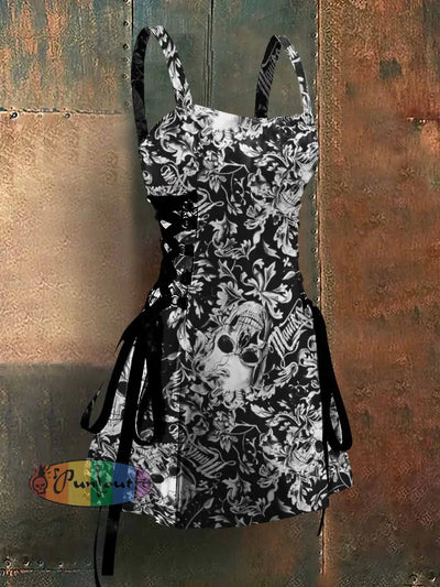 Gothic Style Skull Abstract Print Strappy Sleeveless Mini Dress Black / S