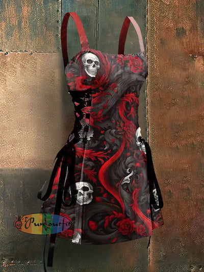 Gothic Style Skull Abstract Print Strappy Sleeveless Mini Dress Black / S