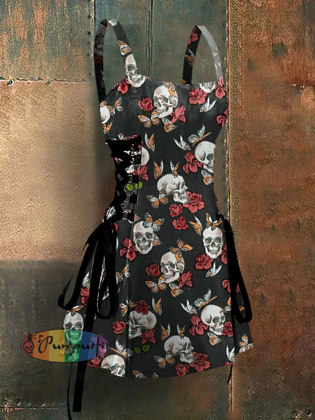 Gothic Style Skull And Butterfly Art Print Strappy Sleeveless Mini Dress Colorful / S