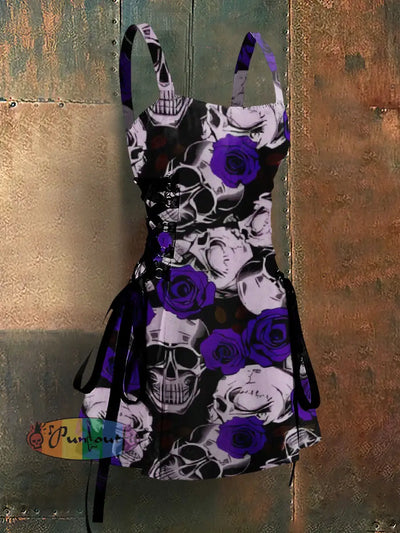 Gothic Style Skull And Roses Art Print Strappy Sleeveless Mini Dress Purple / S