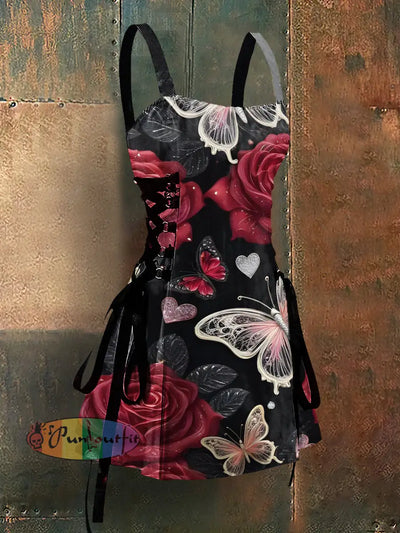 Gothic Style Skull Butterfly Print Strappy Sleeveless Mini Dress Black / S