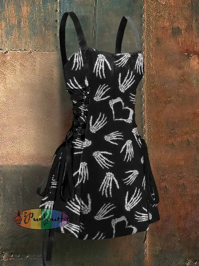 Gothic Style Skull Finger Art Print Strappy Sleeveless Mini Dress Black / S