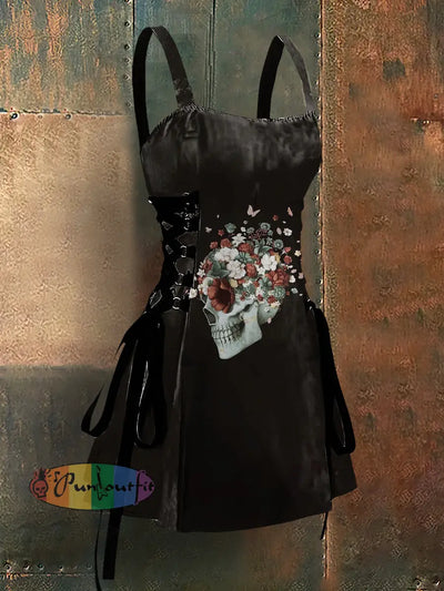 Gothic Style Skull Flowers Print Strappy Sleeveless Mini Dress Black / S