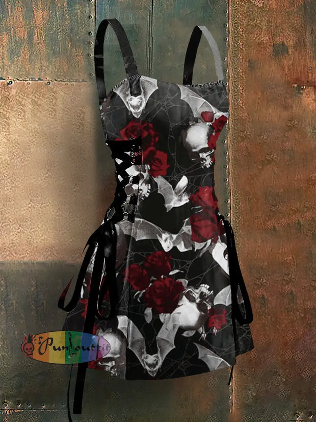 Gothic Style Skull Pats Rose Print Strappy Sleeveless Mini Dress Black / S