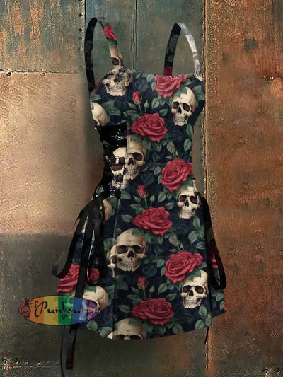 Gothic Style Skull Rose Abstract Art Print Strappy Sleeveless Mini Dress Colorful / S