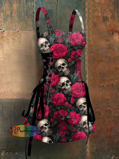 Gothic Style Skull Rose Print Strappy Sleeveless Mini Dress Red / S