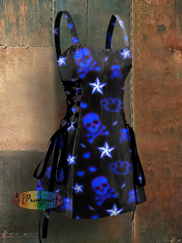 Gothic Style Skull Star Print Strappy Sleeveless Mini Dress Blue / S