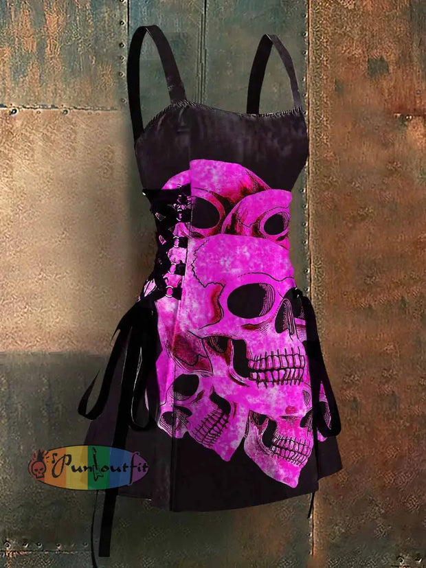 Gothic Style Skulls Art Print Strappy Sleeveless Mini Dress Pink / S