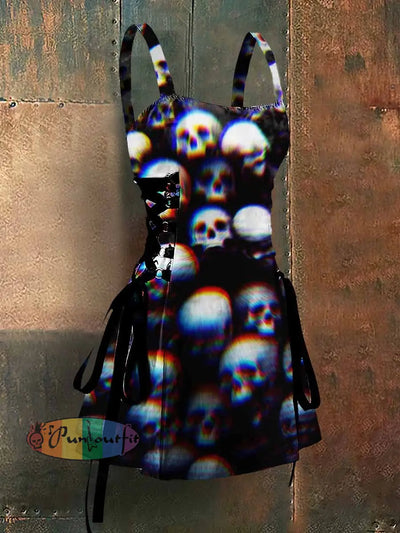 Gothic Style Skulls Print Strappy Sleeveless Mini Dress Black / S