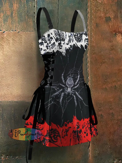 Gothic Style Spider Art Print Strappy Sleeveless Mini Dress Colorful / S