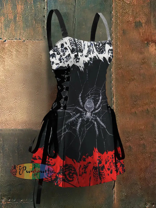 Gothic Style Spider Art Print Strappy Sleeveless Mini Dress Colorful / S