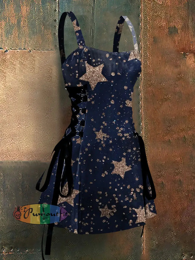 Gothic Style Stars Art Print Strappy Sleeveless Mini Dress Blue / S