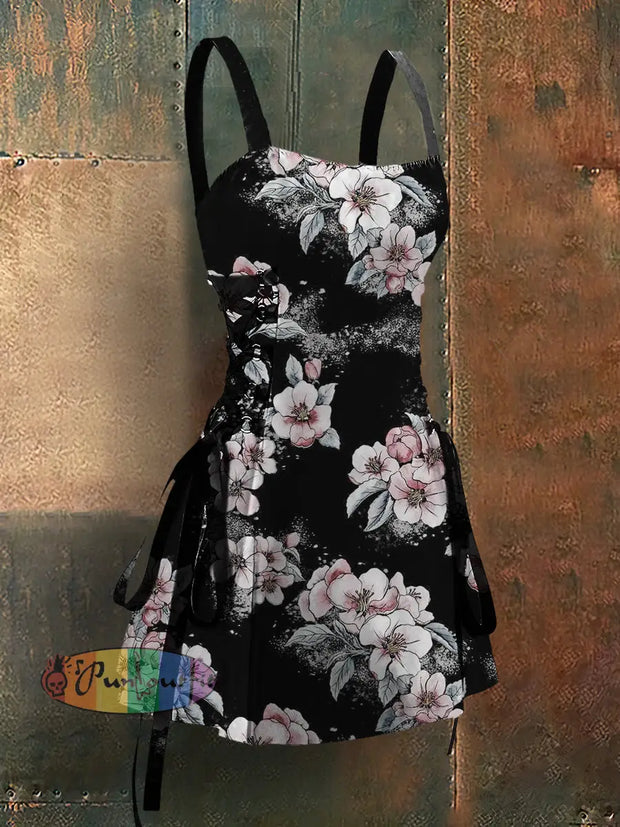 Gothic Style Vintage Floral Print Strappy Sleeveless Mini Dress Black / S